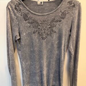ONE WORLD Long Sleeve Washed Gray Tee with Decorative Yoke